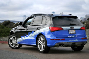 22 Mar 2015, San Francisco, California, USA --- An autonomous car from Delphi drives on Treasure Island in preparation for a cross-country trip from San Francisco to New York City in San Francisco, California March 22, 2015. The self-driving vehicle, modified from a production Audi SQ5 crossover, will travel 3,500 miles in a demonstration of the automotive parts manufacturer's capabilities while collecting over two terabytes of data.The vehicle is expected to arrive in time for the New York International Auto Show which begins on April 3. REUTERS/Stephen Lam --- Image by © STEPHEN LAM/Reuters/Corbis