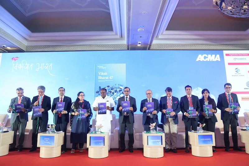 Shri H.D. Kumaraswamy, Union Minister of Heavy Industries, along with Ms. Shradha Suri Marwah, ACMA President and Chairperson & Managing Director of Subros, Dr. Pawan K. Goenka, Chairman of SCALE and IN-SPACe and other industry leaders unveiled a joint report by ACMA and McKinsey & Co. (Scaling Global Competitiveness and Self-Reliance) at 64th ACMA Annual Session in New Delhi today.