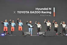 Hyundai Motor Group Executive Chair Chung Euisun (4th from left) and Toyota Motor Chairman Akio Toyoda (4th from right) pose for a group photo during the Hyundai N x TOYOTA GAZOO Racing Festival at Yongin Speedway in S.Korea on Oct. 27, 2024 (Image: Courtesy of Hyundai Motor)