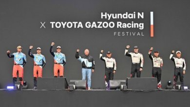 Hyundai Motor Group Executive Chair Chung Euisun (4th from left) and Toyota Motor Chairman Akio Toyoda (4th from right) pose for a group photo during the Hyundai N x TOYOTA GAZOO Racing Festival at Yongin Speedway in S.Korea on Oct. 27, 2024 (Image: Courtesy of Hyundai Motor)