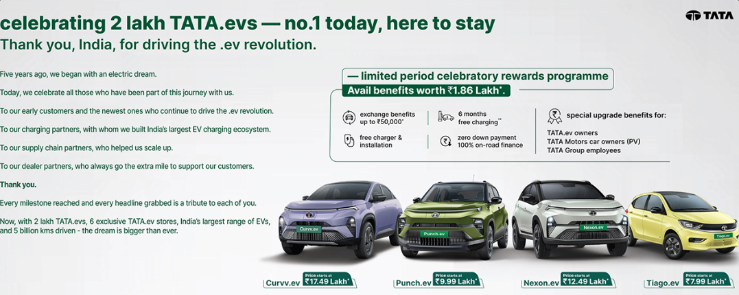 TATA.ev Celebrates 2 Lakh EVs on the Road Thanks Customers with Exclusive Benefits and Unmatched Savings. Image source: Tata.ev