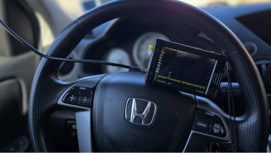 tinySA spectrum analyzer installed in a vehicle, detecting presence of a hidden GPS tracker. Photo credit Mo Satt